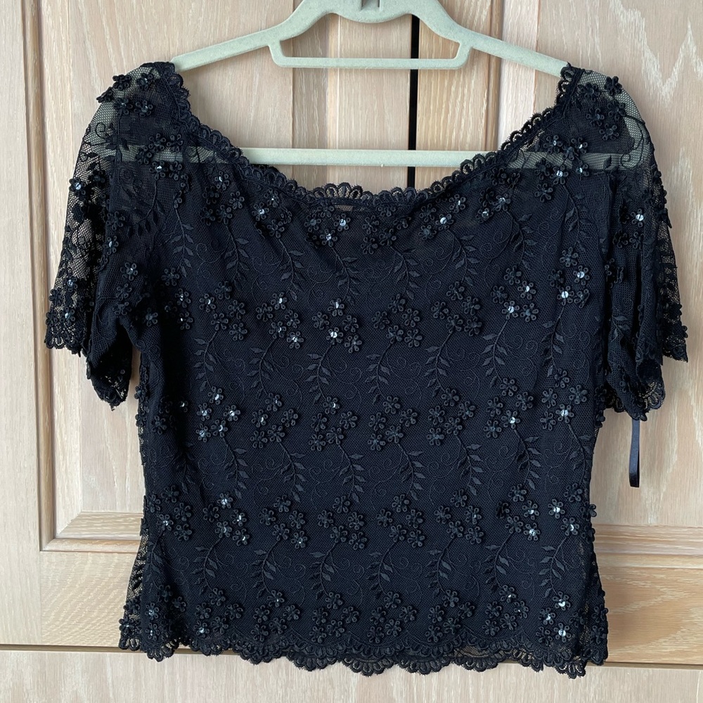 Basix II Black Lace Top with Embroidery and Sequins Size 14